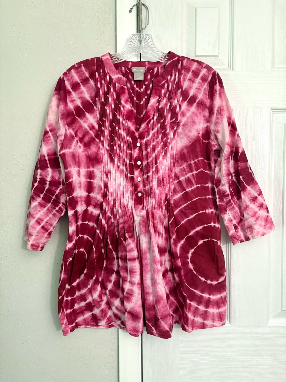 Chico’s Cherry Red Tie-Dye Pintuck Tunic Top